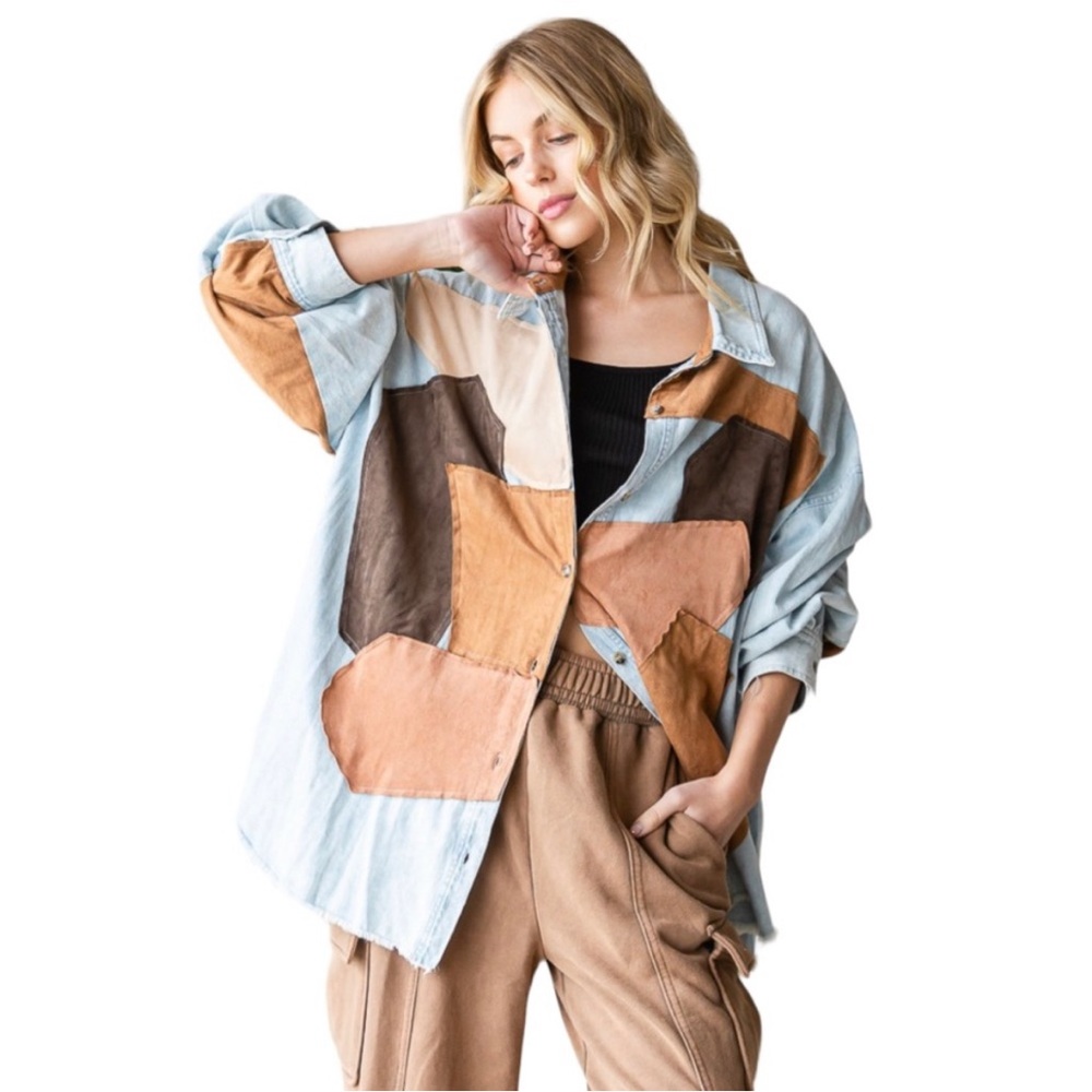 110. Oversized Blue Denim Chambray Button Down Top with Micro Suede Patch Detail